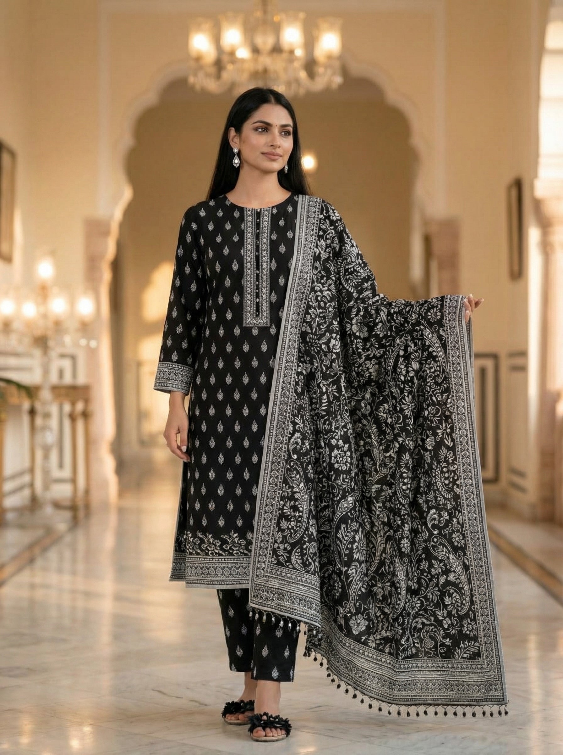 Black Blossom 3-Piece Unstitched Suit 1