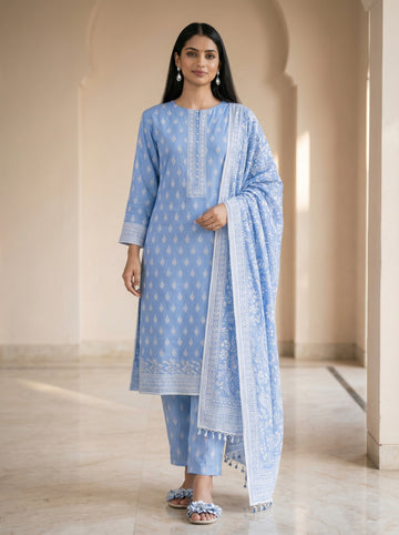 Unstitched Printed Lawn 3 piece Suit-Blue Horizon