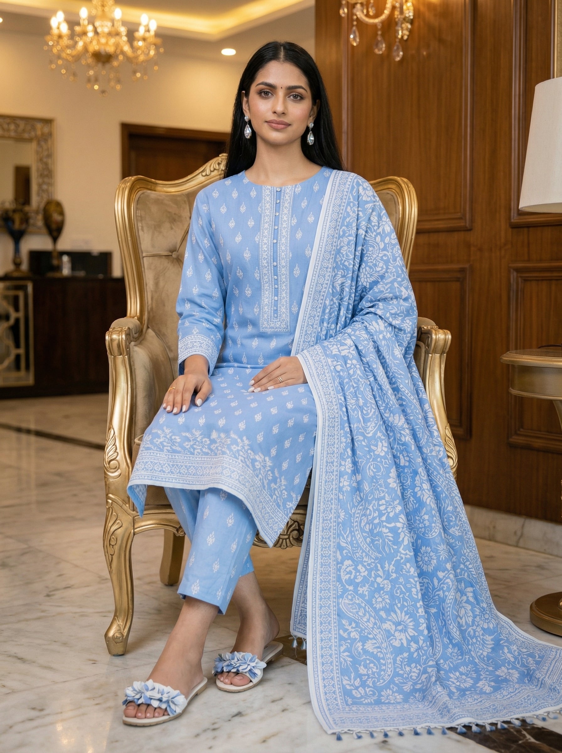 Unstitched Printed Lawn 3 piece Suit-Blue Horizon