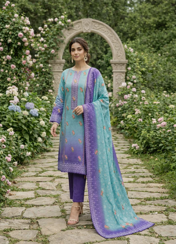 Unstitched Printed Lawn 3 piece Suit-Aqua & Purple