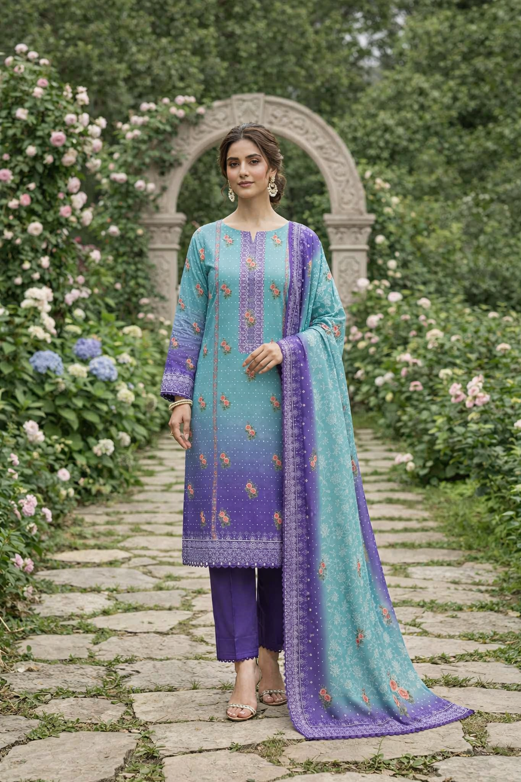 Unstitched Printed Lawn 3 piece Suit-Aqua & Purple