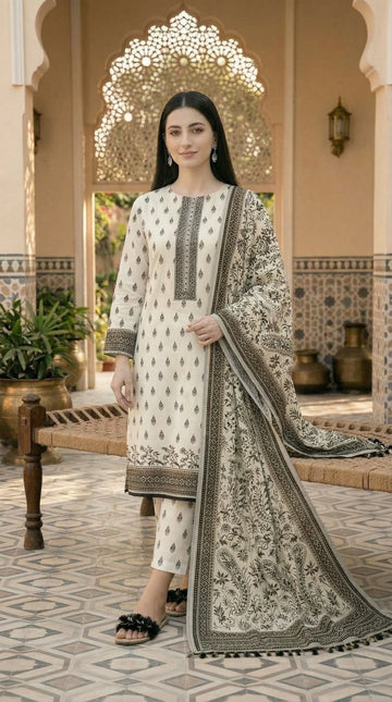 Unstitched Printed Lawn 3 piece Suit-Classic Black & White