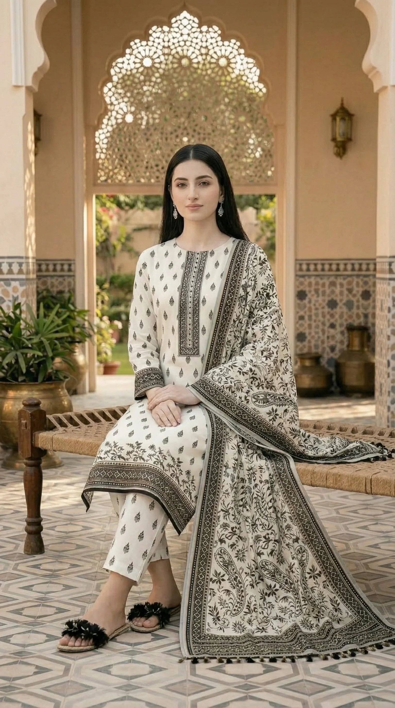Unstitched Printed Lawn 3 piece Suit-Classic Black & White