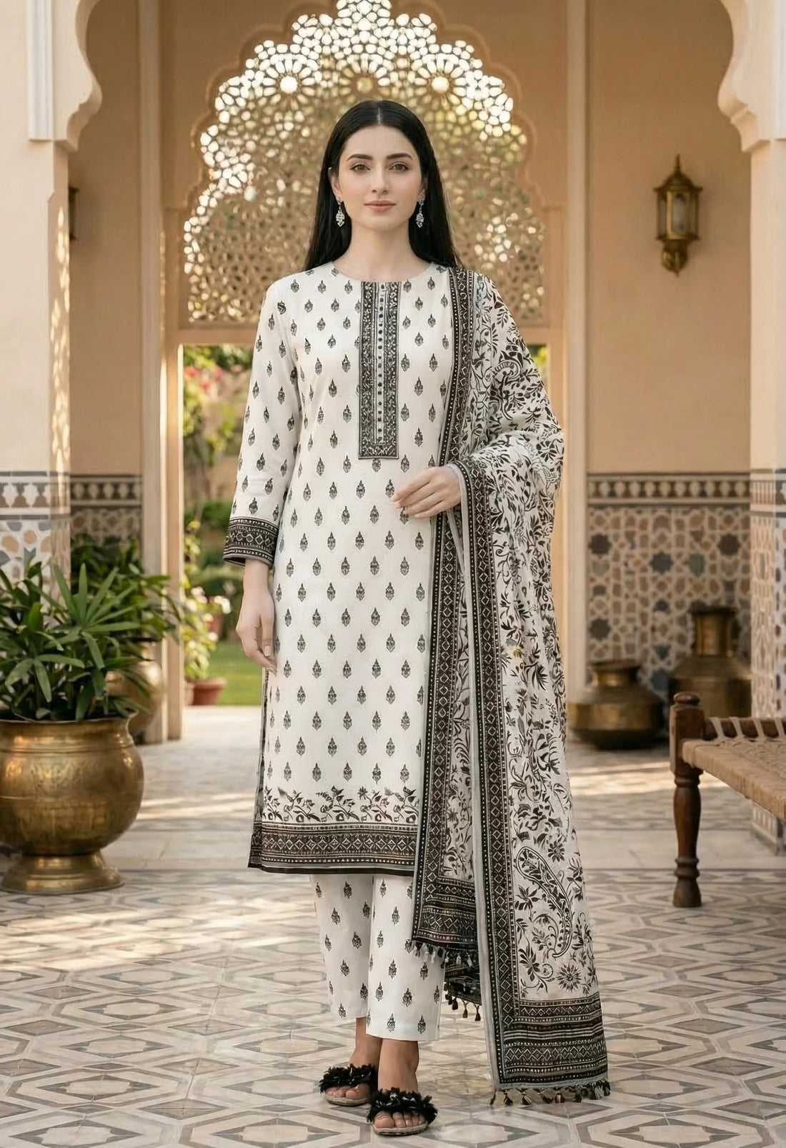 Unstitched Printed Lawn 3 piece Suit-Classic Black & White