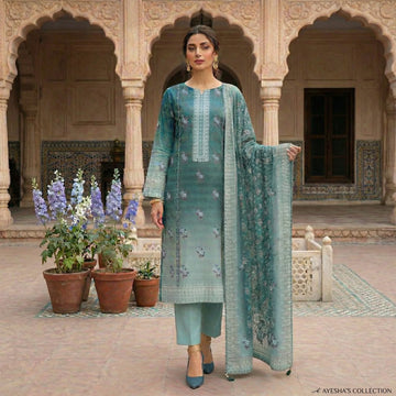 Unstitched Printed Lawn 3 piece Suit-Green Gradient Floral