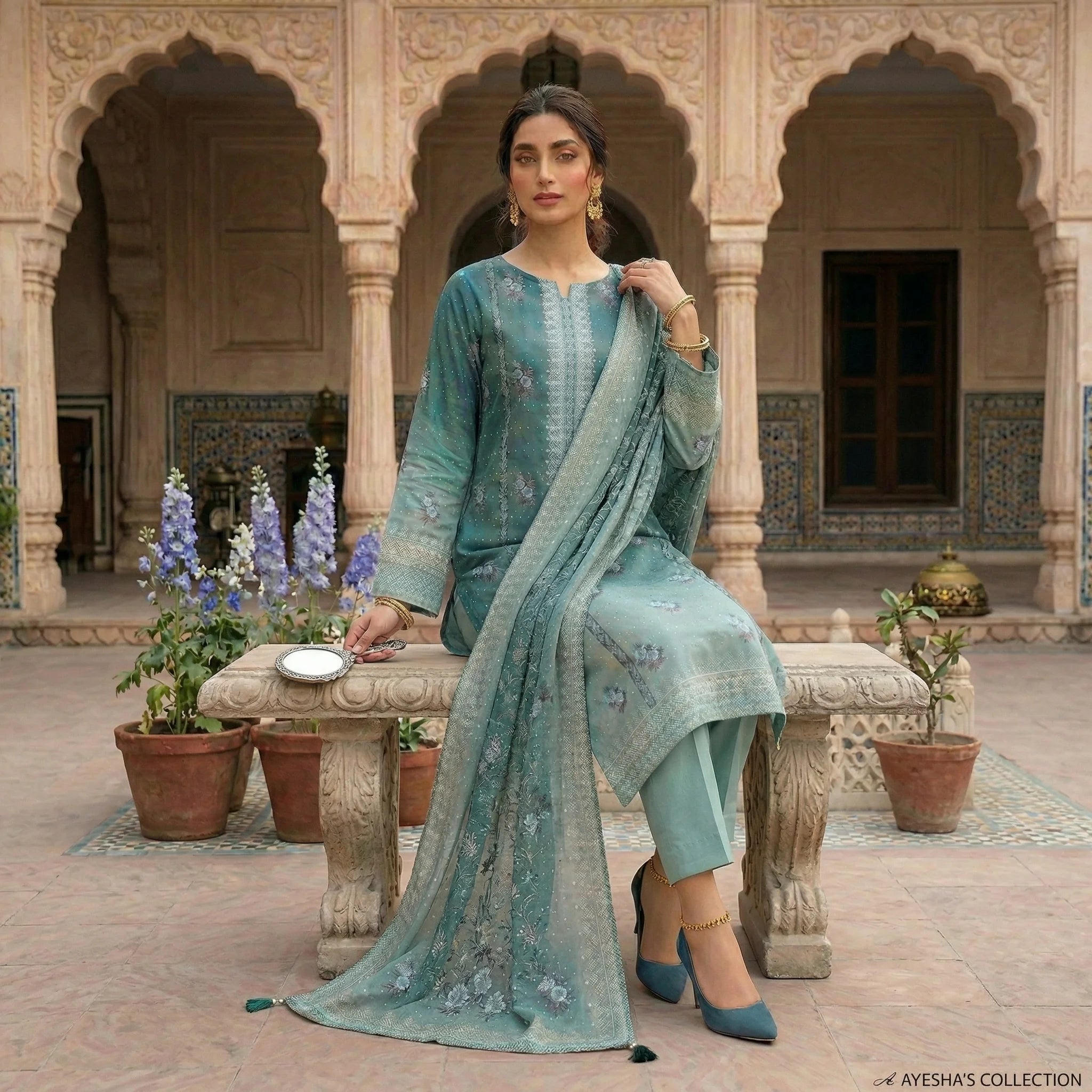 Unstitched Printed Lawn 3 piece Suit-Green Gradient Floral