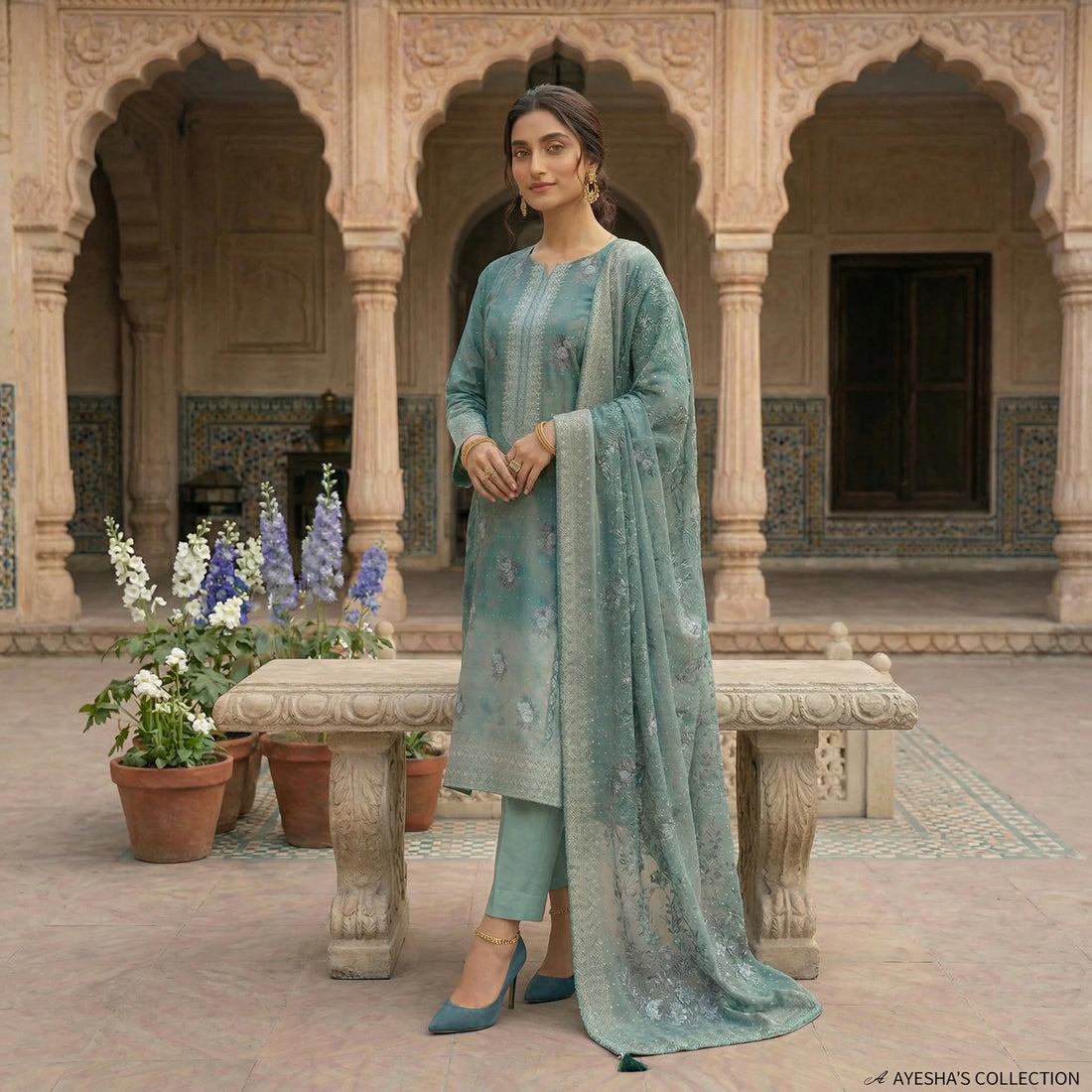 Unstitched Printed Lawn 3 piece Suit-Green Gradient Floral