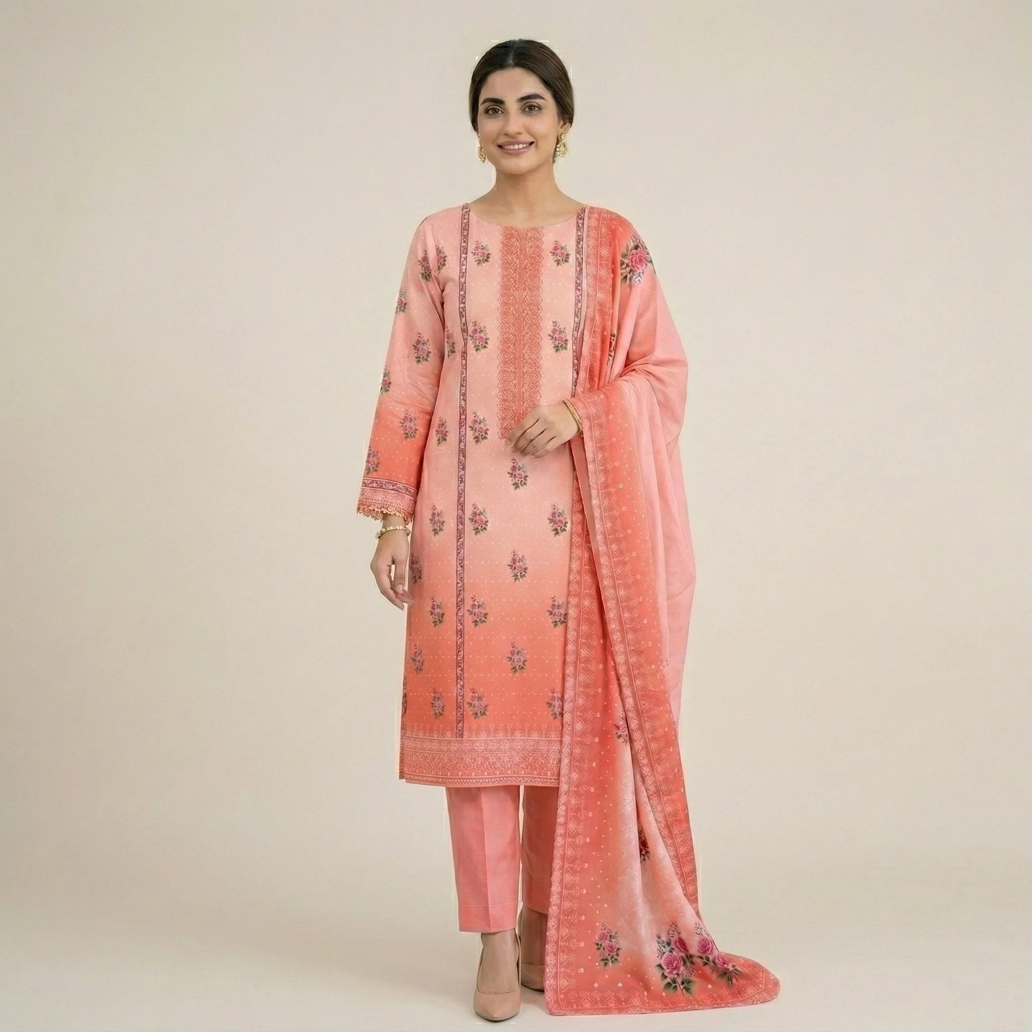Unstitched Printed Lawn 3 piece Suit-Peachy Pink Gradient