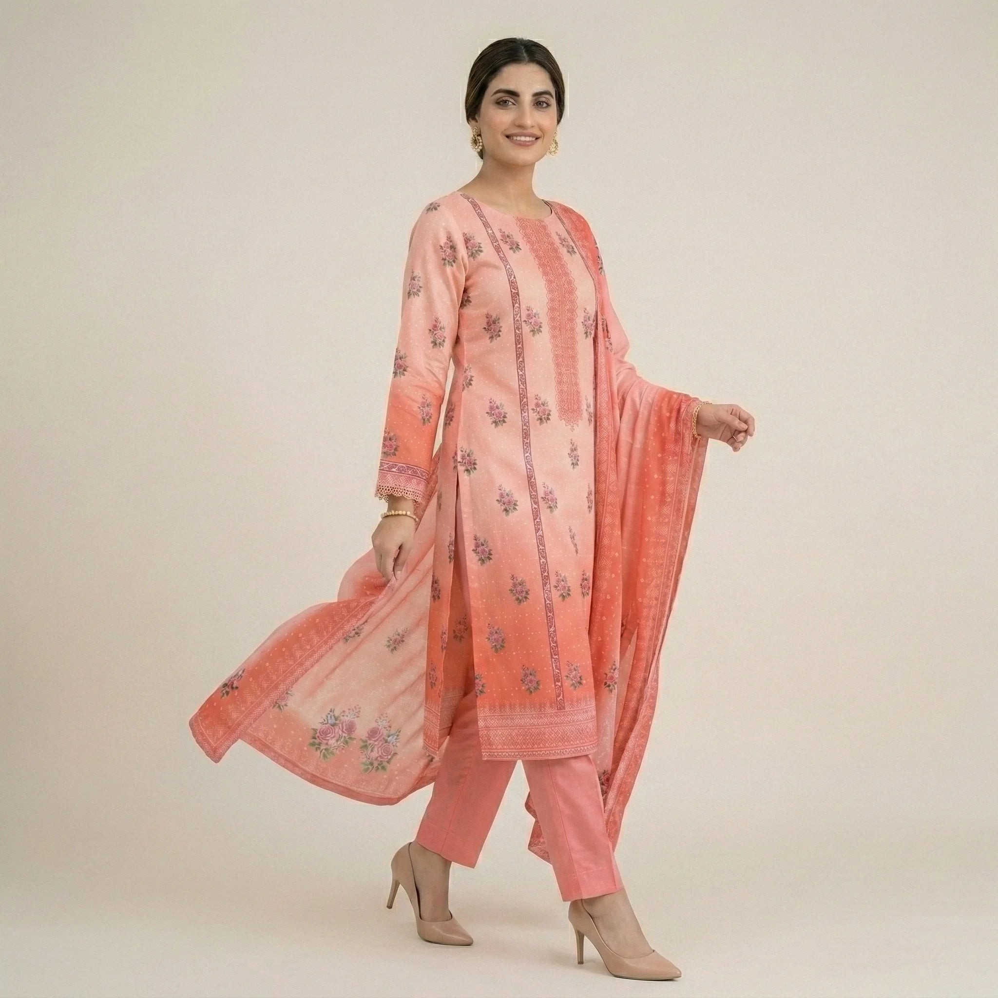 Unstitched Printed Lawn 3 piece Suit-Peachy Pink Gradient