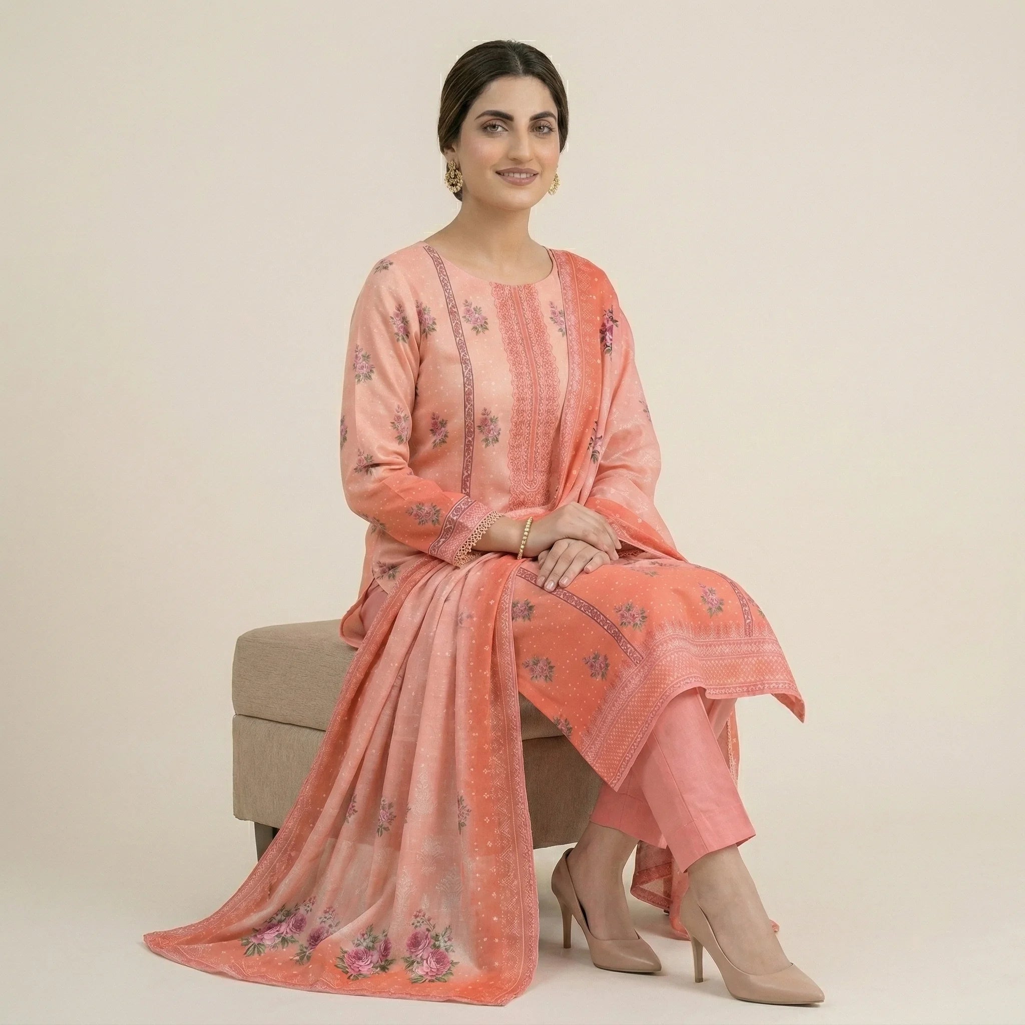 Unstitched Printed Lawn 3 piece Suit-Peachy Pink Gradient
