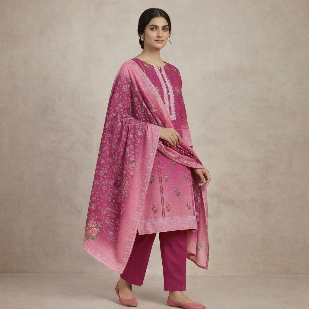 Woman wearing a pink traditional outfit with a matching dupatta against a beige background