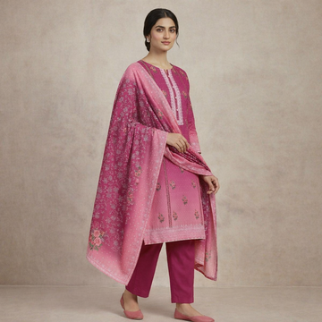 Woman wearing a pink traditional outfit with a matching dupatta against a beige background