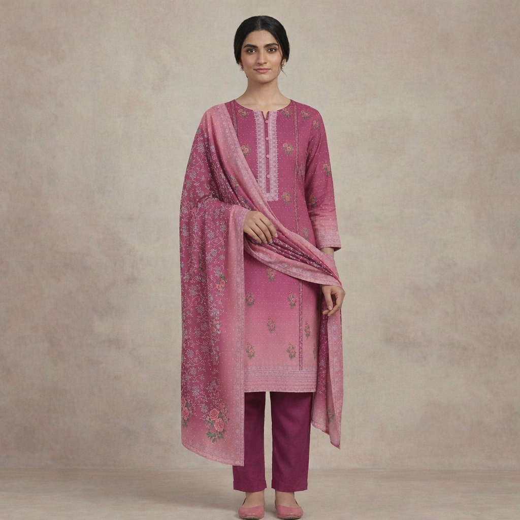 Woman wearing a pink traditional outfit with a matching dupatta against a neutral background