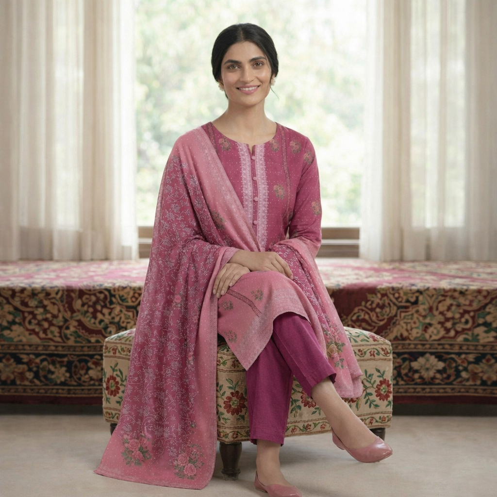 Woman in a pink traditional outfit sitting on a patterned chair in a room with curtains.