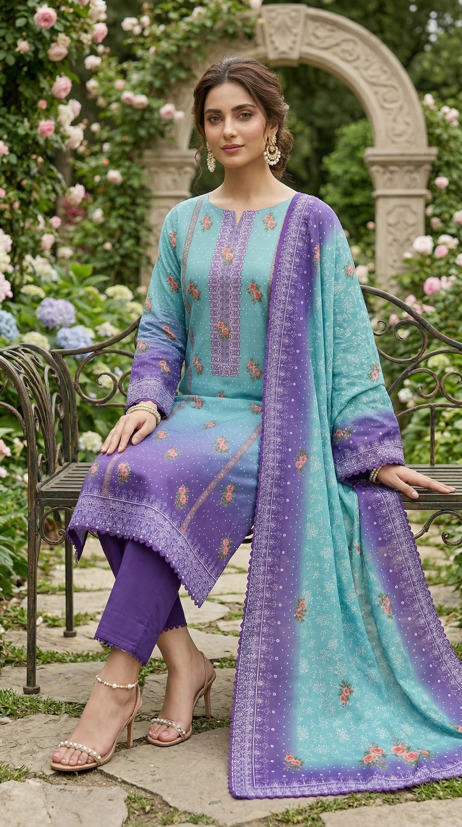 Unstitched Printed Lawn 3 piece Suit-Aqua & Purple