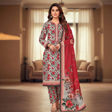 Unstitched Printed Swiss Lawn 3 piece- Red Bloom
