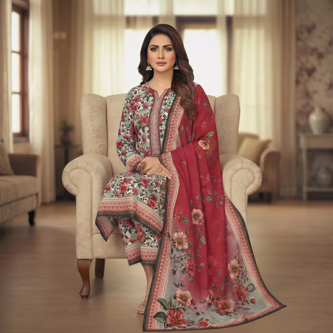 Unstitched Printed Swiss Lawn 3 piece- Red Bloom