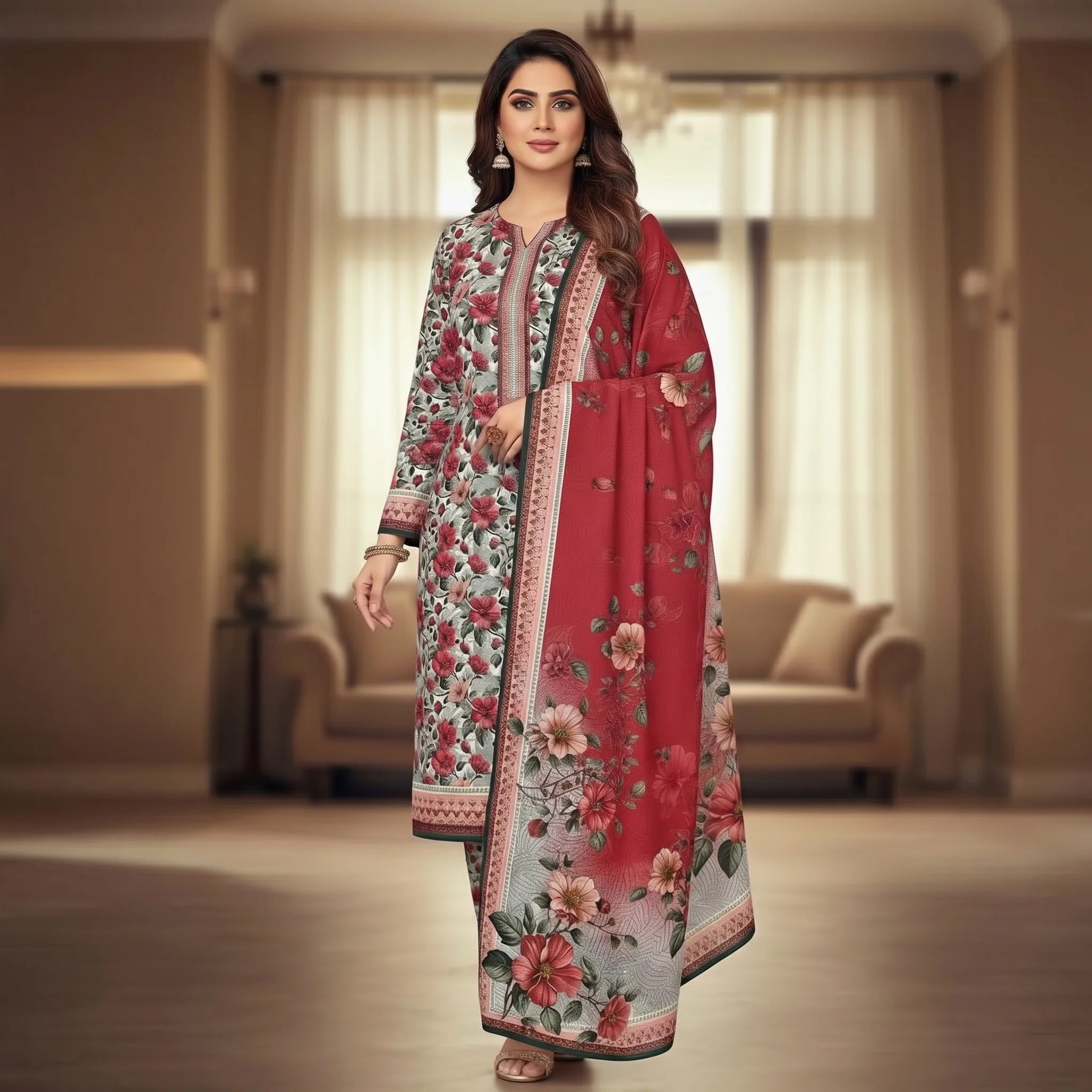 Unstitched Printed Swiss Lawn 3 piece- Red Bloom