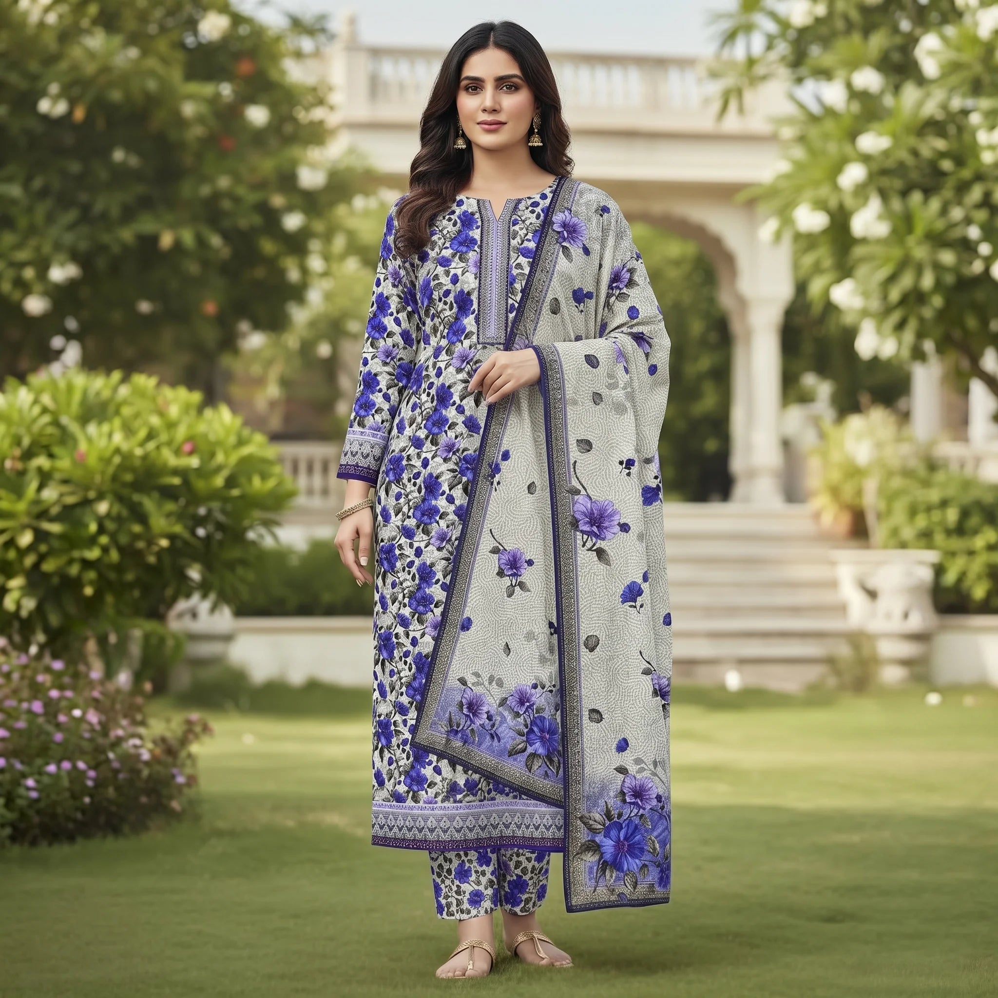 Unstitched Printed Swiss Lawn 3 piece Suit - Blue Floral