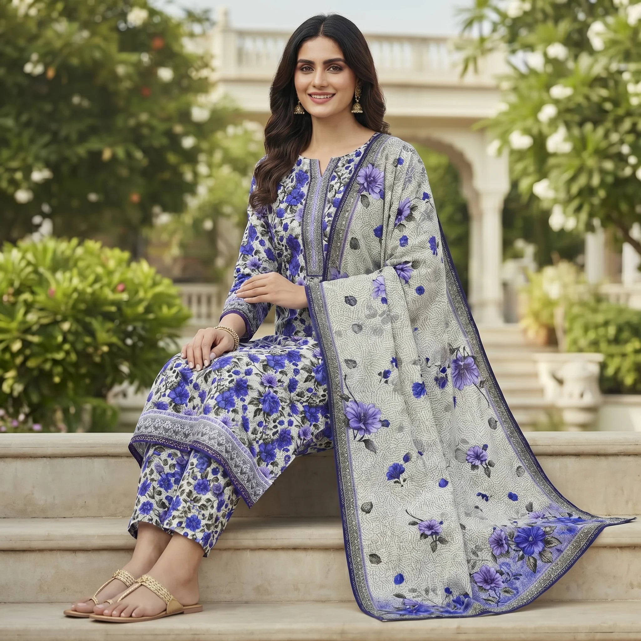 Unstitched Printed Swiss Lawn 3 piece Suit - Blue Floral
