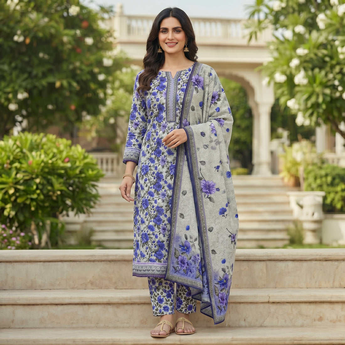 Unstitched Printed Swiss Lawn 3 piece Suit - Blue Floral